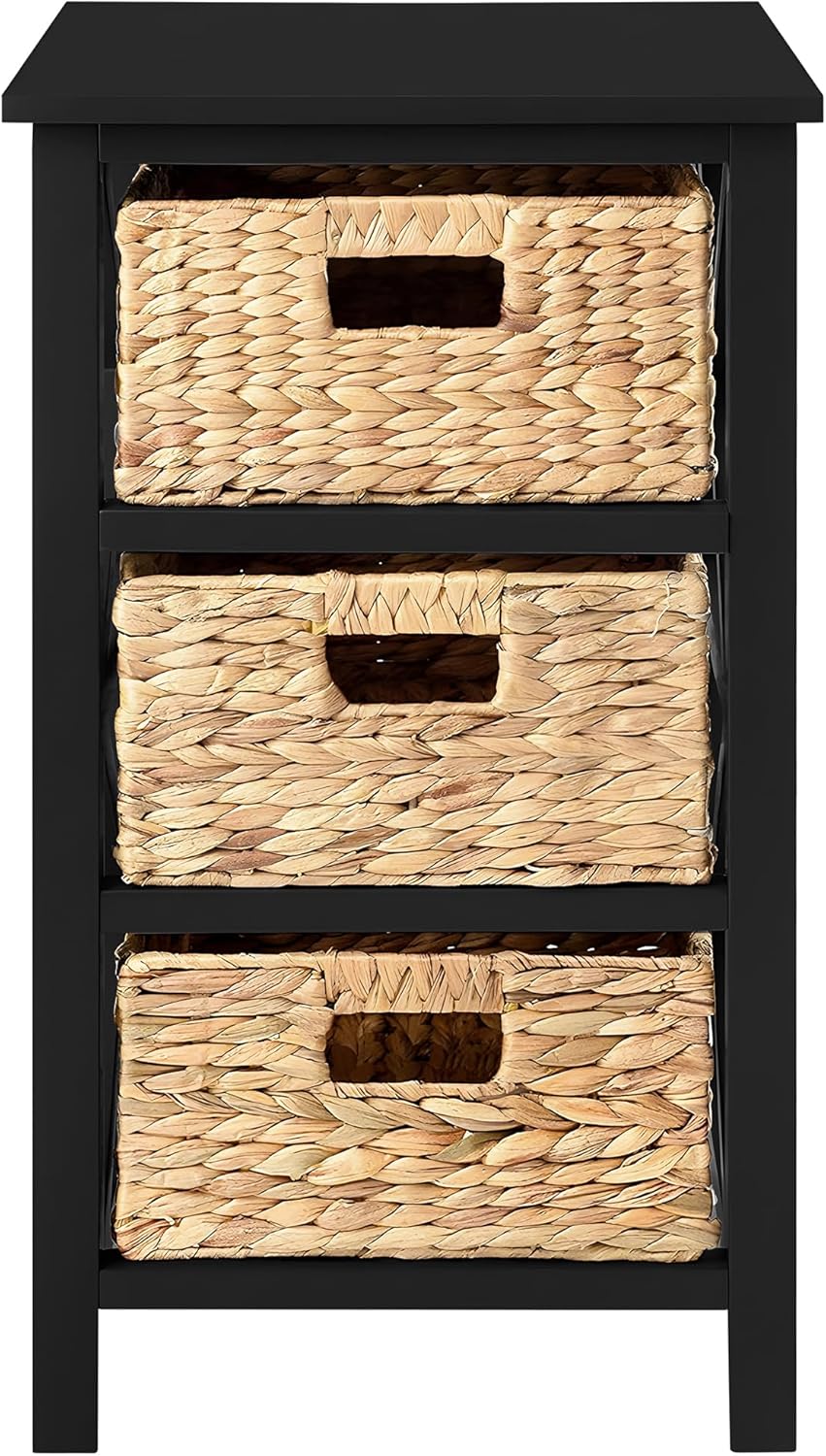 eHemco 3 Tier X-Side End Table with Wicker Baskets for Bedside, Living Room, Black