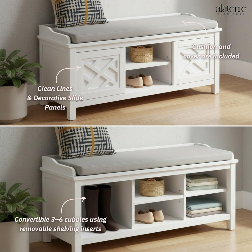 Coventry Modern Entryway Bench with Cushion – 45-Inch Storage Bench with 3 Cubbies, Adjustable Shelves & Decorative Side Panels for Mudroom or Hallway Seating by Alaterre Furniture (White)