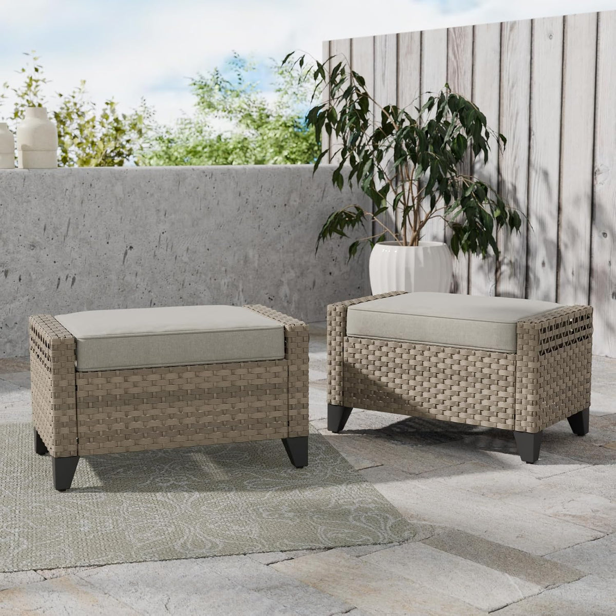COOS BAY Modern 2 Piece Wicker Outdoor Ottomans, Patio Ottoman Foot Rest Set for Couch with Removable Cushions, 29.1" W x 18.1" D x 17.3" H, Brown/Gray