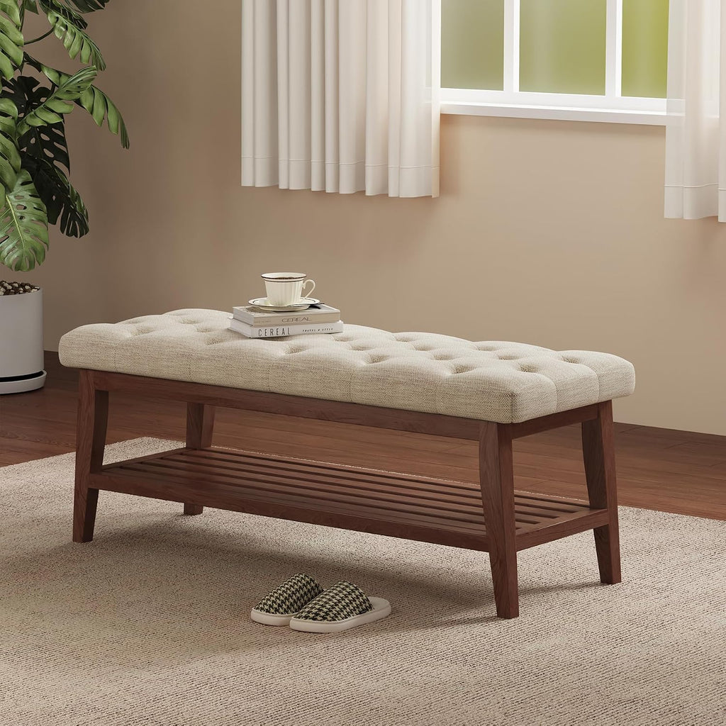 LEILISI Entryway Bench with Storage, Linen Upholstered Bench(Beige, 39.4'')