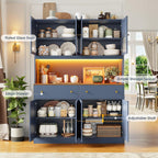 FINETONES 71" Pantry Cabinet with LED Light and Charging Station | Farmhouse Kitchen Pantry Cabinet with Microwave Stand, 47.2" Wide Kitchen Hutch Food Pantry with Open Countertop, Blue