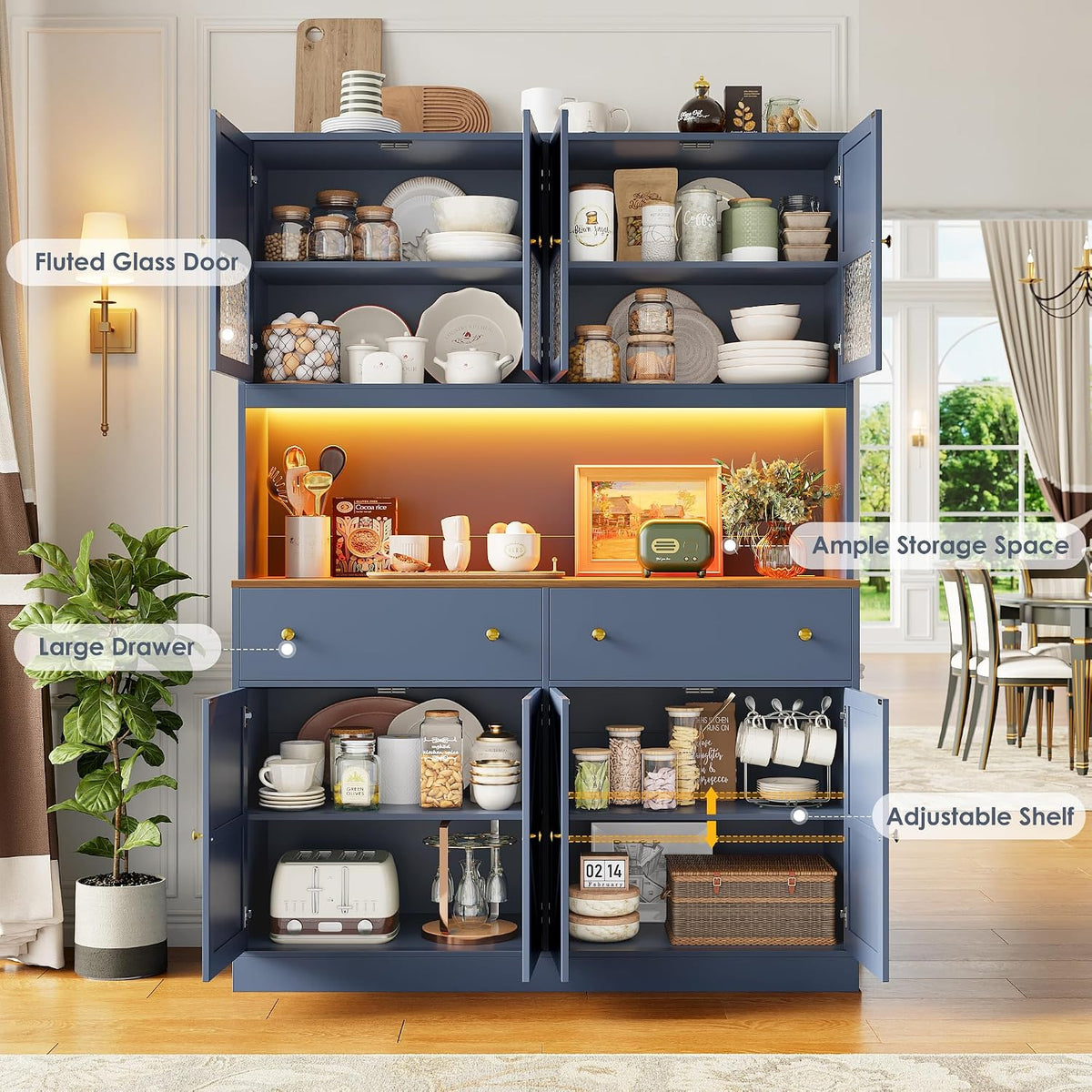 FINETONES 71" Pantry Cabinet with LED Light and Charging Station | Farmhouse Kitchen Pantry Cabinet with Microwave Stand, 47.2" Wide Kitchen Hutch Food Pantry with Open Countertop, Blue