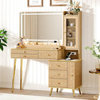 Arulvmrn Vanity Desk with 35.12" HD Lighted Mirror, 46.85" Big Modern Vanity Desk with Mirror and Lights, Makeup Vanity with 7 Drawers and Storage Shelves and Charging Station, Wood