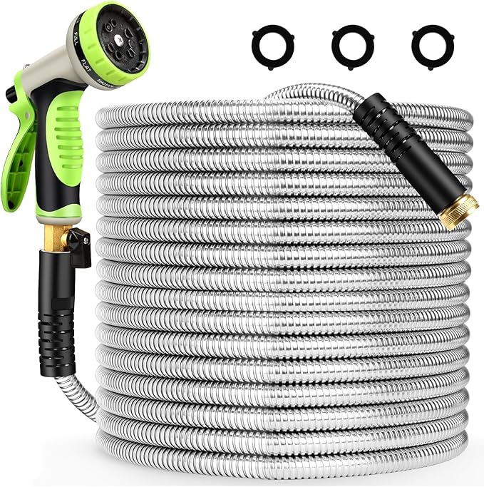 Metal Garden Hose 100 ft Stainless Steel Heavy Duty Water Hose with 10 Function Nozzles Flexible Lightweight Kink-Free Leakproof Sturdy Hoses Pipe 3/4" Brass Fitting for Outdoor Yard Lawn RV