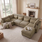 130" Oversized Cloud Couch Large Modular Sectional Sofa Modern U Shaped Sectional Couch 6 Deep Seat Sofa Set for Living Room Comfy Corduroy Cloud Sofa with Ottoman, USB Port, Cup Holder, Light Brown
