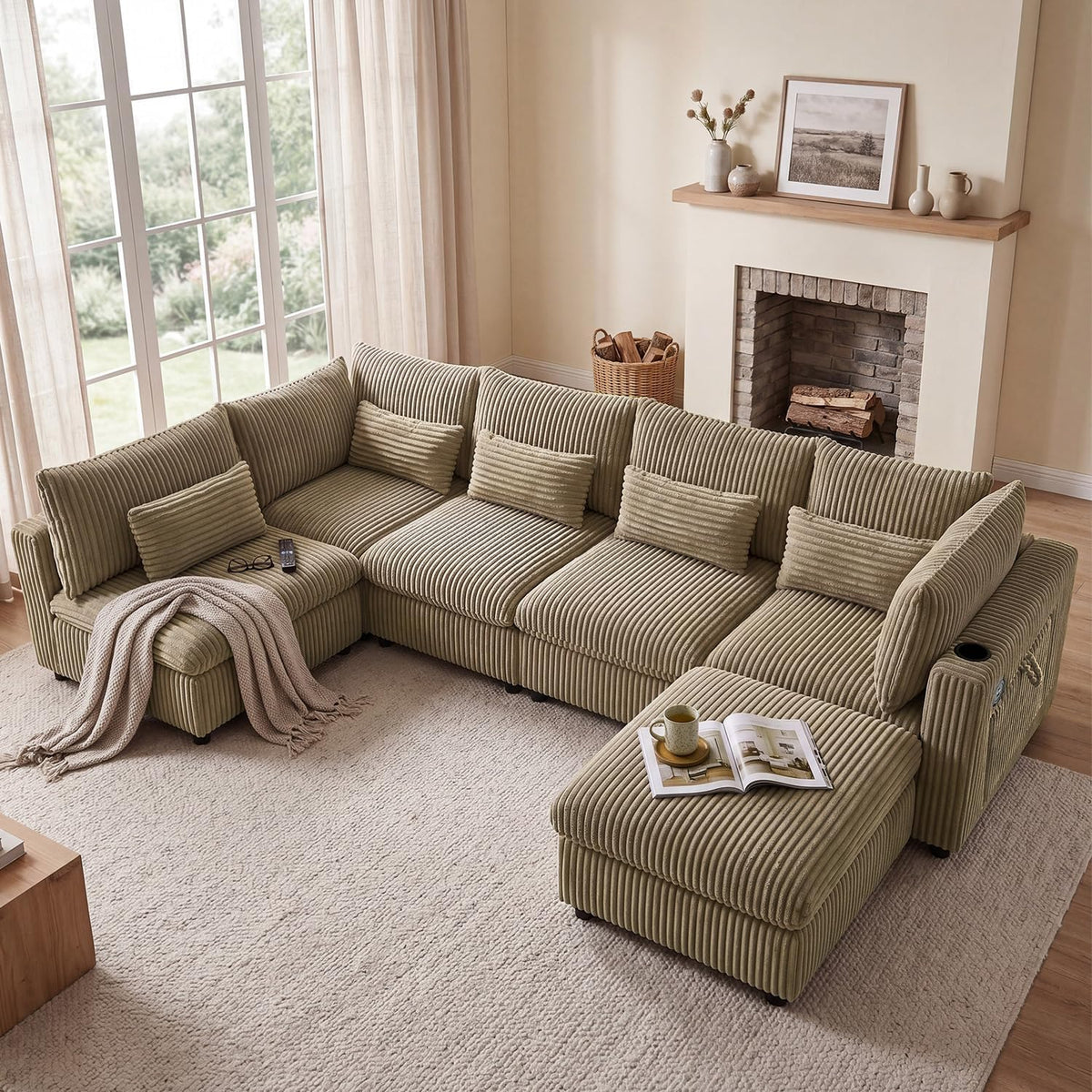 130" Oversized Cloud Couch Large Modular Sectional Sofa Modern U Shaped Sectional Couch 6 Deep Seat Sofa Set for Living Room Comfy Corduroy Cloud Sofa with Ottoman, USB Port, Cup Holder, Light Brown