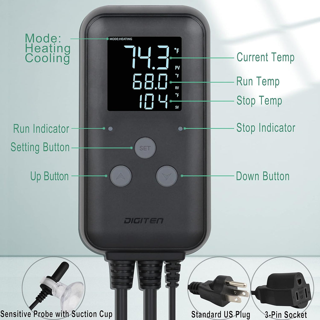 DIGITEN Waterproof Temperature Controller DTC310 Digital Temperature Controller Aquarium Temperature Controller Greenhouse Thermostat for Heater 10A Outdoor Heat Mat Thermostat Controller for Seedling
