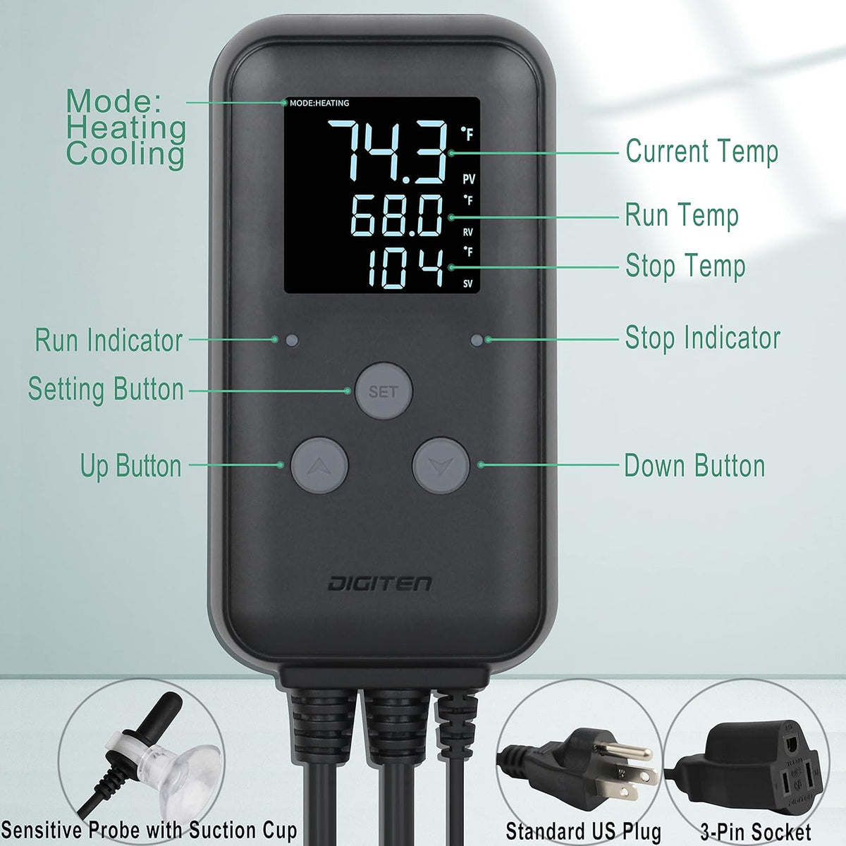 DIGITEN Waterproof Temperature Controller DTC310 Digital Temperature Controller Aquarium Temperature Controller Greenhouse Thermostat for Heater 10A Outdoor Heat Mat Thermostat Controller for Seedling