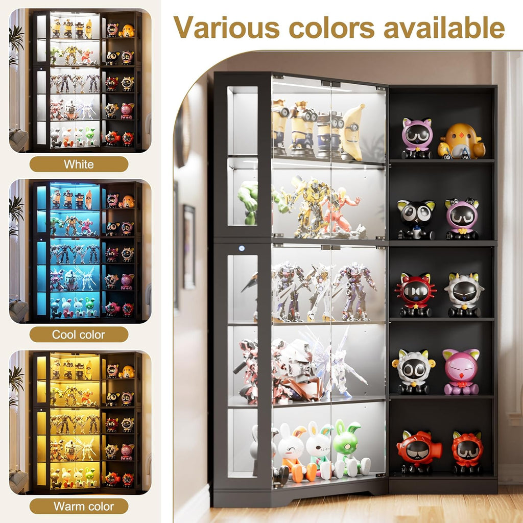 PAKASEPT Corner Display Curio Cabinet with Glass Doors, Glass Display Case with LED Lights for Collectibles,Display Storage Shelves for Living Room,Black