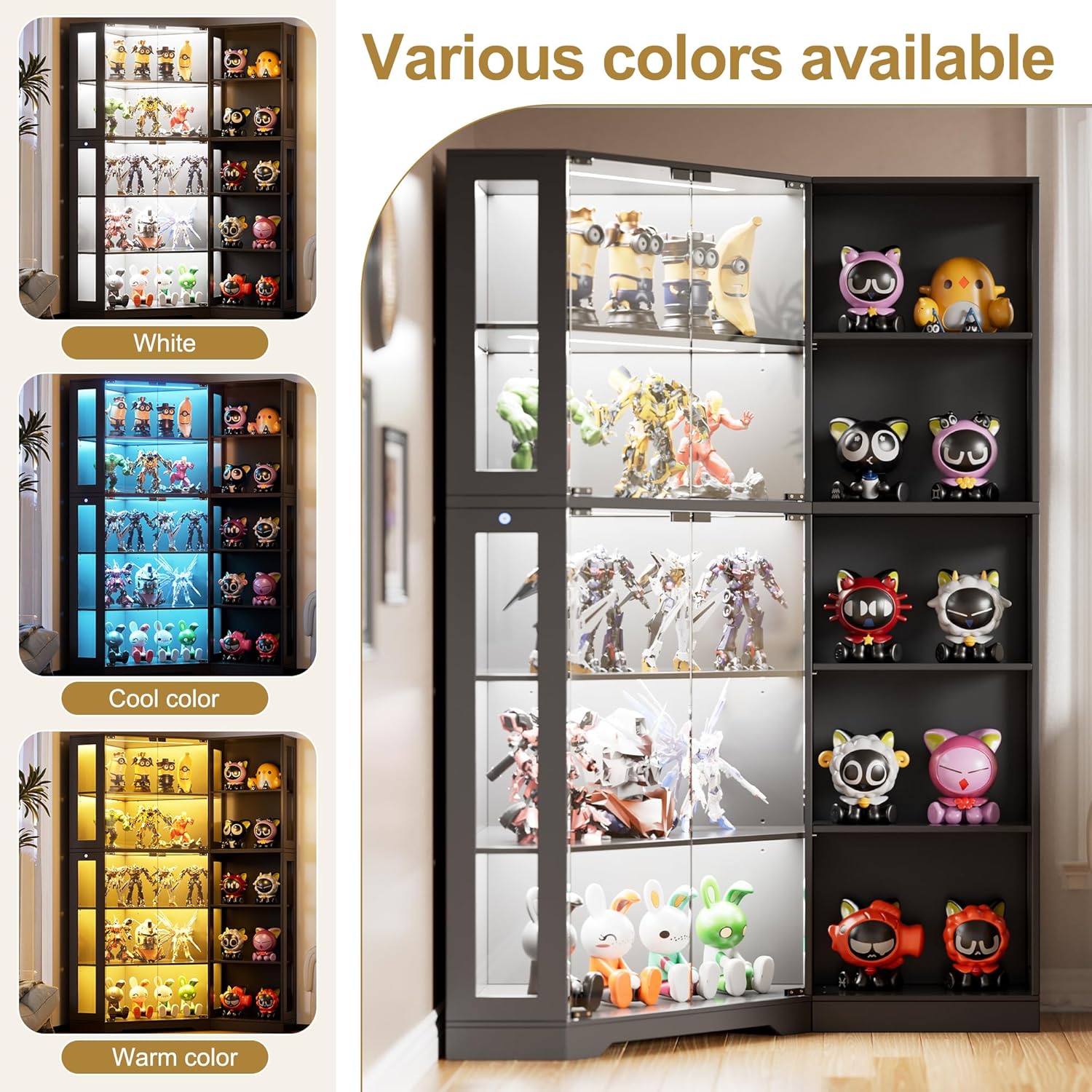 PAKASEPT Corner Display Curio Cabinet with Glass Doors, Glass Display Case with LED Lights for Collectibles,Display Storage Shelves for Living Room,Black