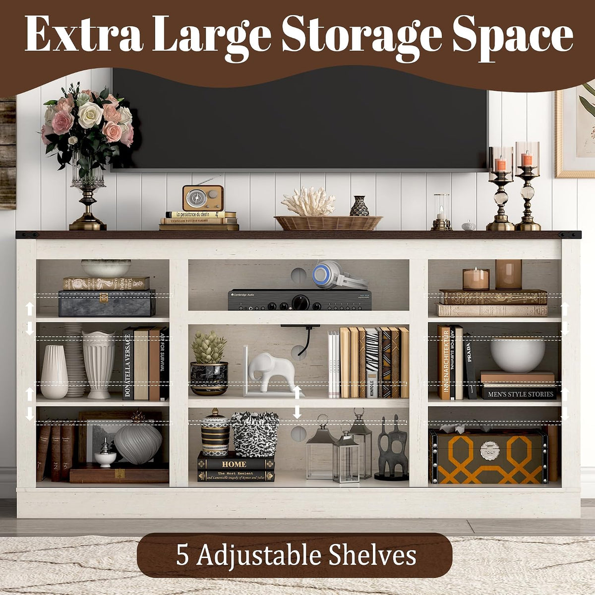 Hlivelood 66" Farmhouse TV Stand for 75 Inch TV, 33" Tall Entertainment Center with Power Outlets & Sliding Barn Door, Wood TV Stand with Storage, TV Media Console for Living Room, Antique White