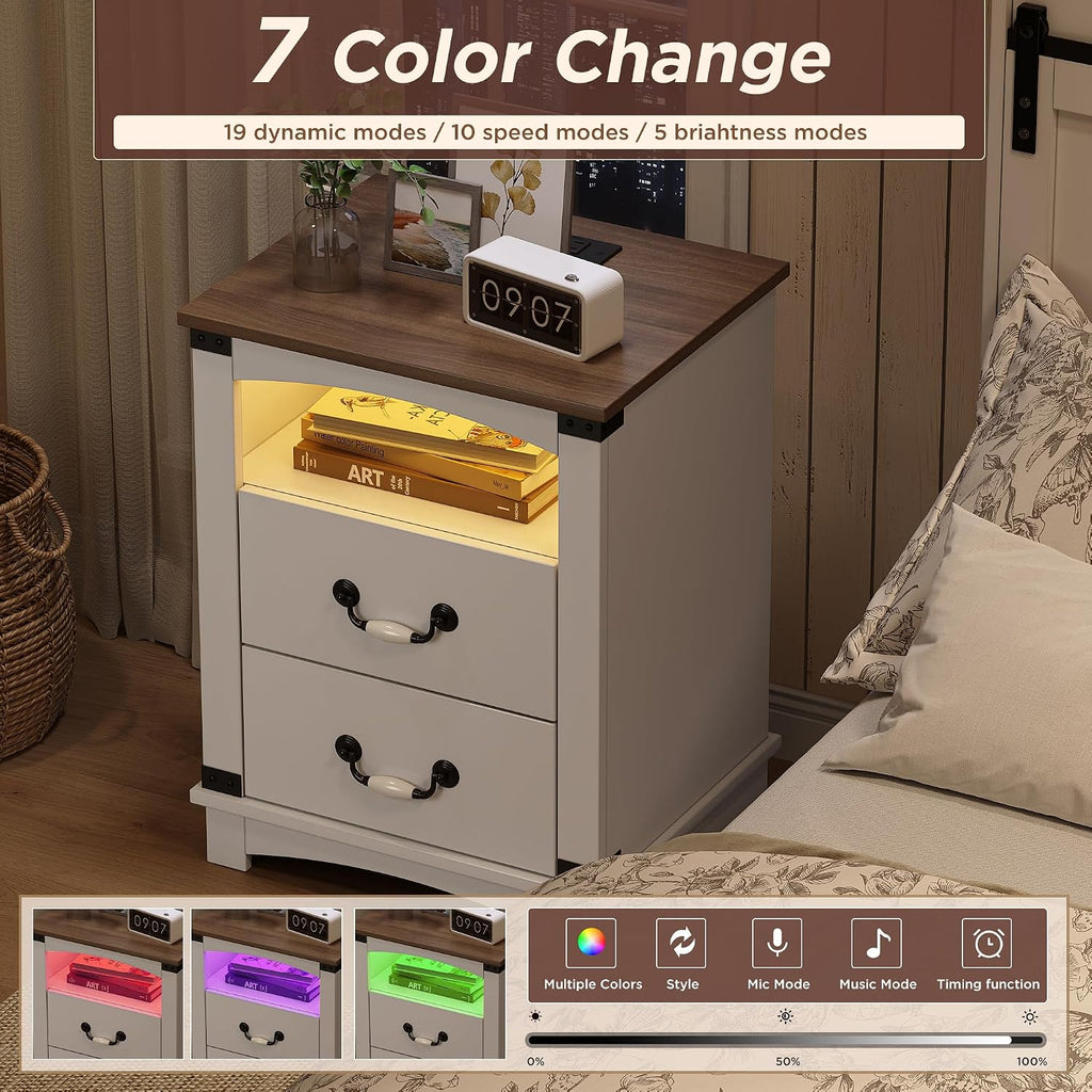 Maupvit Farmhouse Night Stand with Charger Station & Ceramic Handle, Wood Nightstand with 2 Storage Drawers, LED Bedroom Nightstand, Bedside Tables, Antique White
