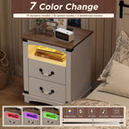 Maupvit Farmhouse Night Stand with Charger Station & Ceramic Handle, Wood Nightstand with 2 Storage Drawers, LED Bedroom Nightstand, Bedside Tables, Antique White