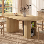AMERLIFE 86.6" Modern Oval Dining Table with Hidden Storage, Extra Long Wooden Dining Room Table with Cylindrical Fluted Base, Seats 6-8, Natural Wood