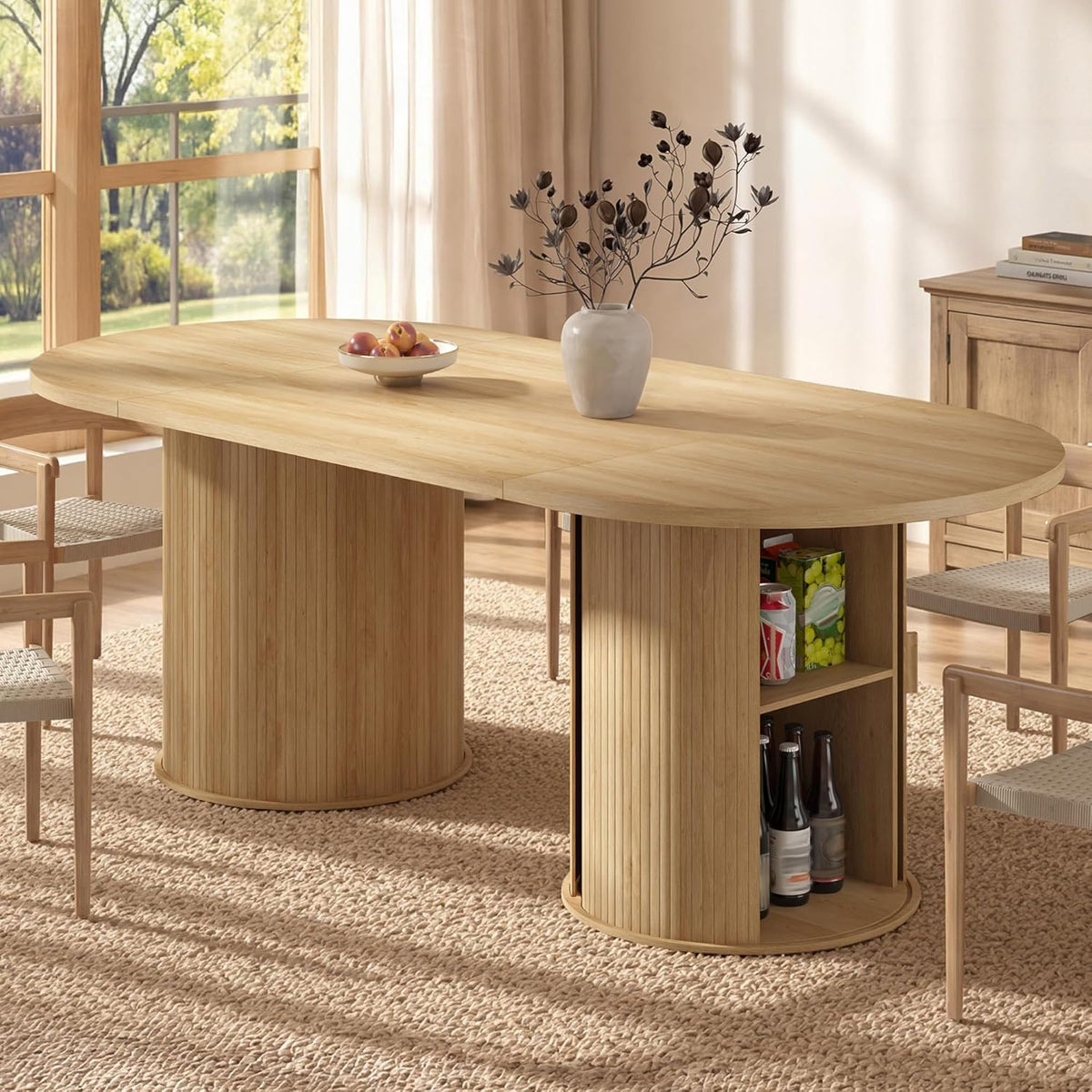 AMERLIFE 86.6" Modern Oval Dining Table with Hidden Storage, Extra Long Wooden Dining Room Table with Cylindrical Fluted Base, Seats 6-8, Natural Wood