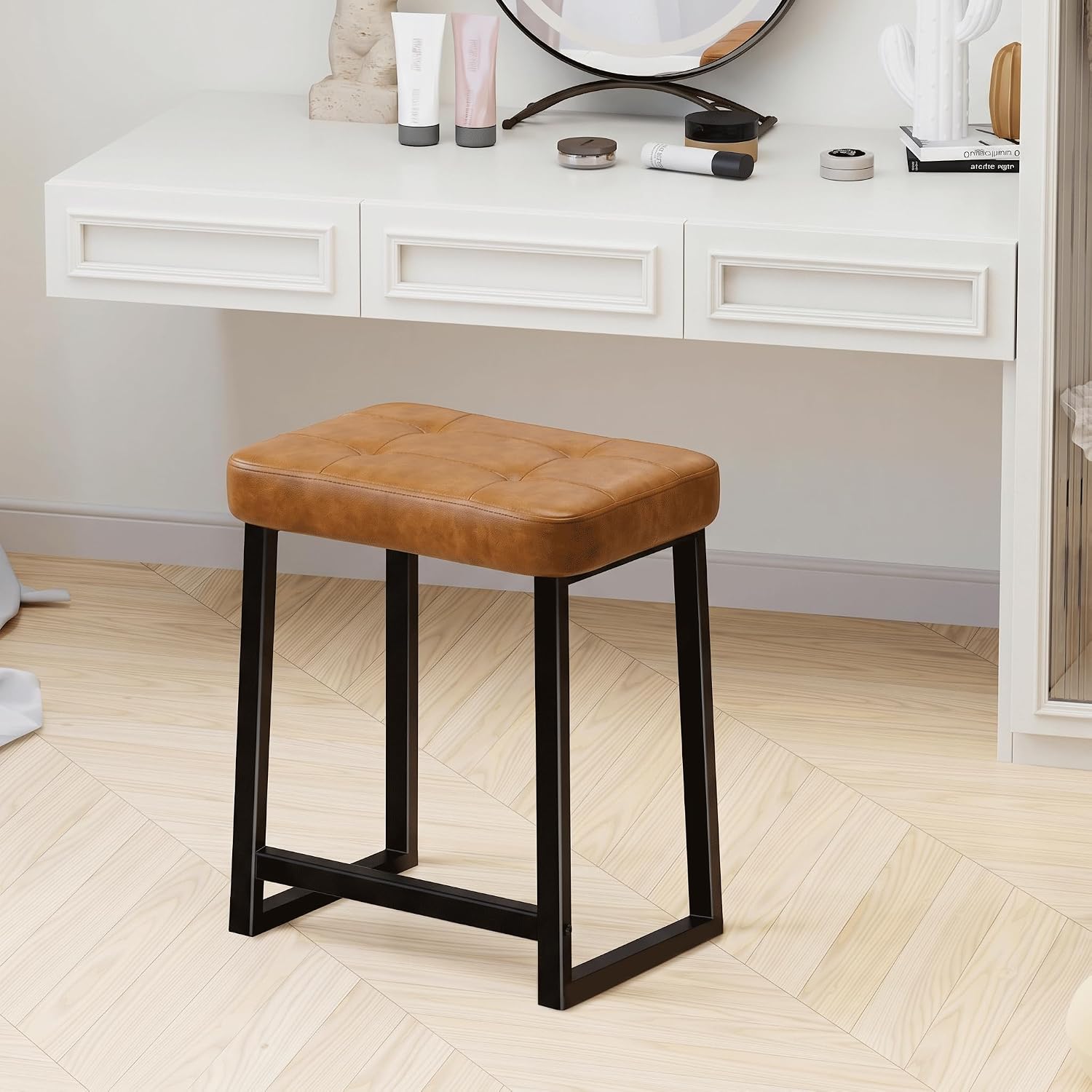 Vanity Bar Stool Chair, Makeup Stool Counter Height Stools,Small Ottoman Footrest for Living Room, Bathroom, Bedroom, Offices，Leather &Metal Legs with Anti-Slip Feet,Rustic Brown