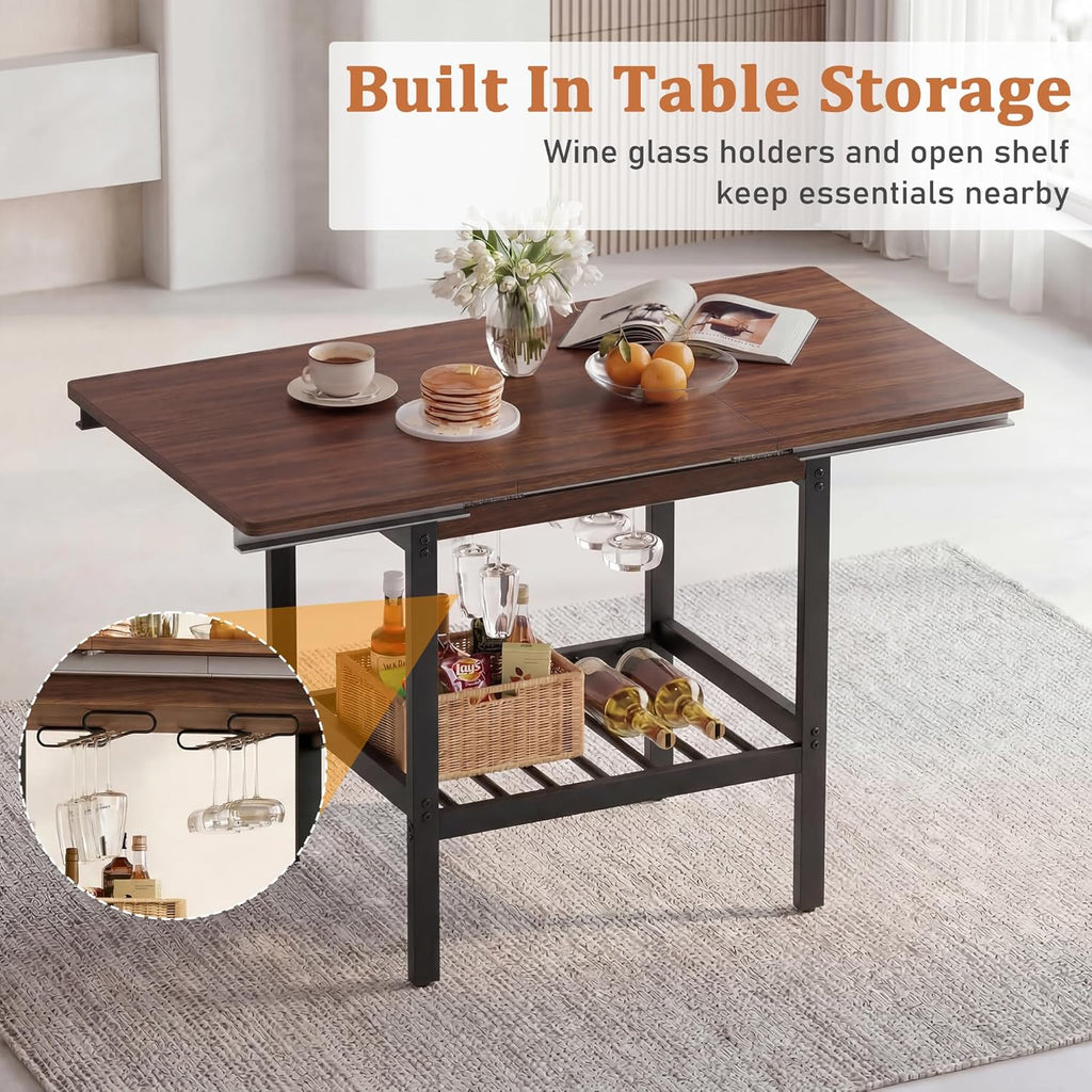 Extendable Breakfast Nook Table Set with Storage Benches & Stools, 6-Piece Corner Dining Table Set, Kitchen Nook Table Set with Glass Holder for Small Space, Indoor/Outdoor Use (Walnut(No Cushion))