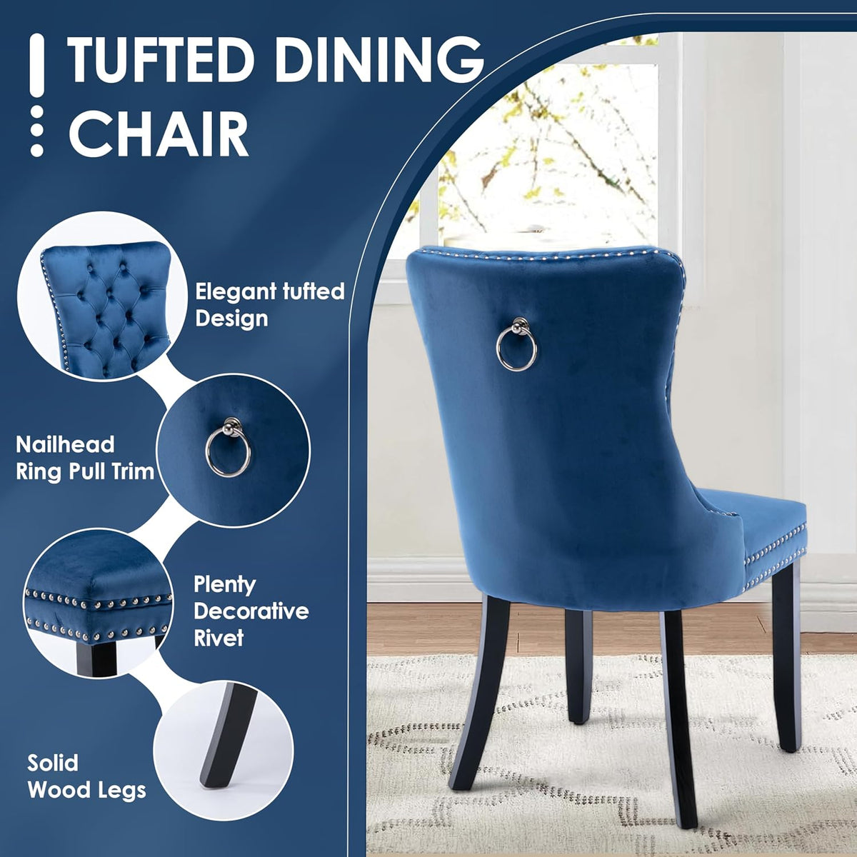 5 Pieces Modern Luxury Glass Dining Set, Minimalist Rectangle Dinner Room Set for 4, 47'' Clear Glass Top Kitchen Table Set with Black Base, Blue Tufted Chairs, for Small Apartment Home