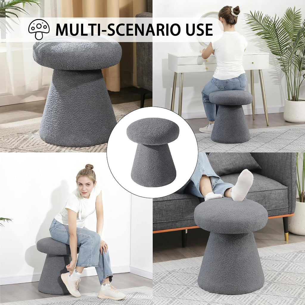 Homebeez Mushroom Ottoman Foot Stool, 18 inch Teddy Fleece Small Footrest, Round Sherpa Pouf for Living Room, Bedroom, Cute Modern Accent Seating, Slate Gray
