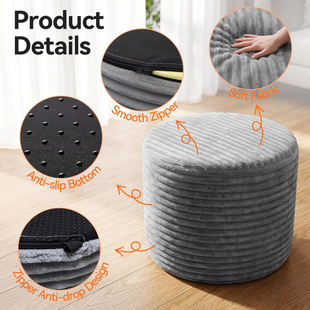 20in Round Pouf Ottoman, Large Corduroy Ottoman Foot Rest with Solid High-Density Foam, Removable Washable Cover, Soft Floor Foot Stool for Living Room, Bedroom, Grey