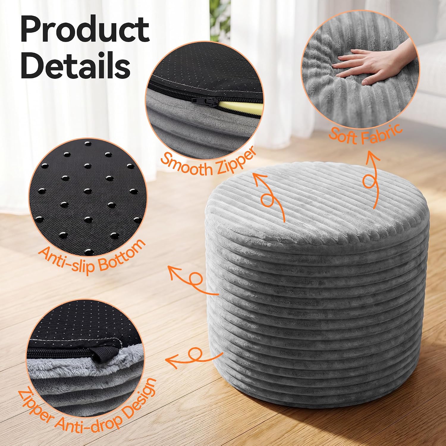 20in Round Pouf Ottoman, Large Corduroy Ottoman Foot Rest with Solid High-Density Foam, Removable Washable Cover, Soft Floor Foot Stool for Living Room, Bedroom, Grey