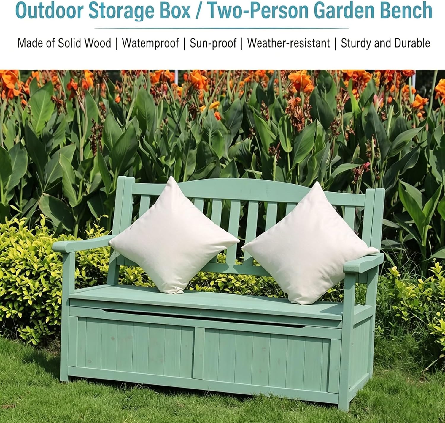 48in Wooden Outdoor Storage Bench, 2-Seater Patio Garden Bench with Backrest & Armrests, Weather-Resistant Deck Box for Porch, Yard & Pool(Green)