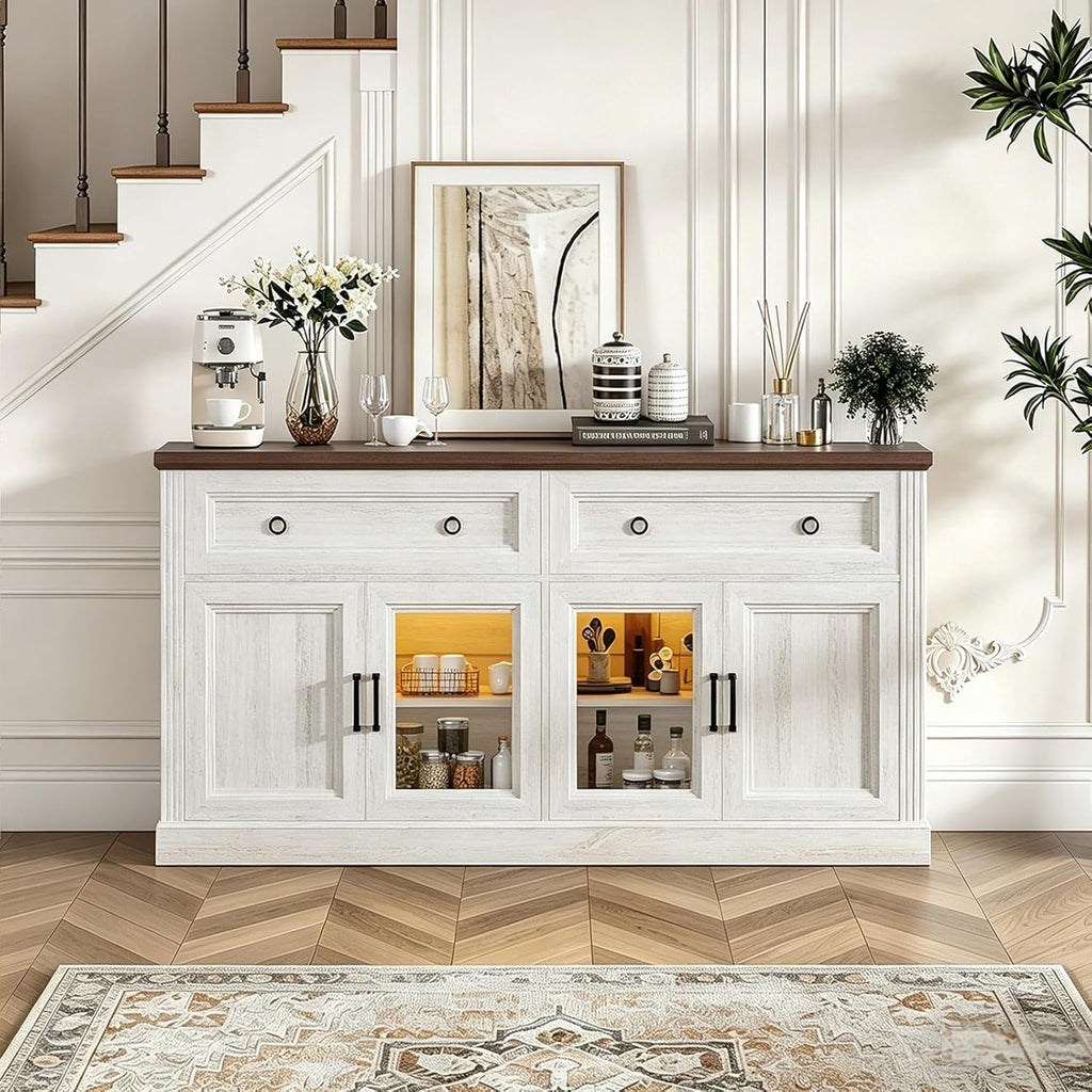 63'' Sideboard Buffet Cabinet with Storage, Modern Credenza with Outlets & LED Light, 2 Drawers, 4 Doors, Adjustable Shelves, Coffee Bar Cabinet for Kitchen Living Room, Antique White