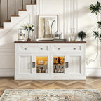 63'' Sideboard Buffet Cabinet with Storage, Modern Credenza with Outlets & LED Light, 2 Drawers, 4 Doors, Adjustable Shelves, Coffee Bar Cabinet for Kitchen Living Room, Antique White