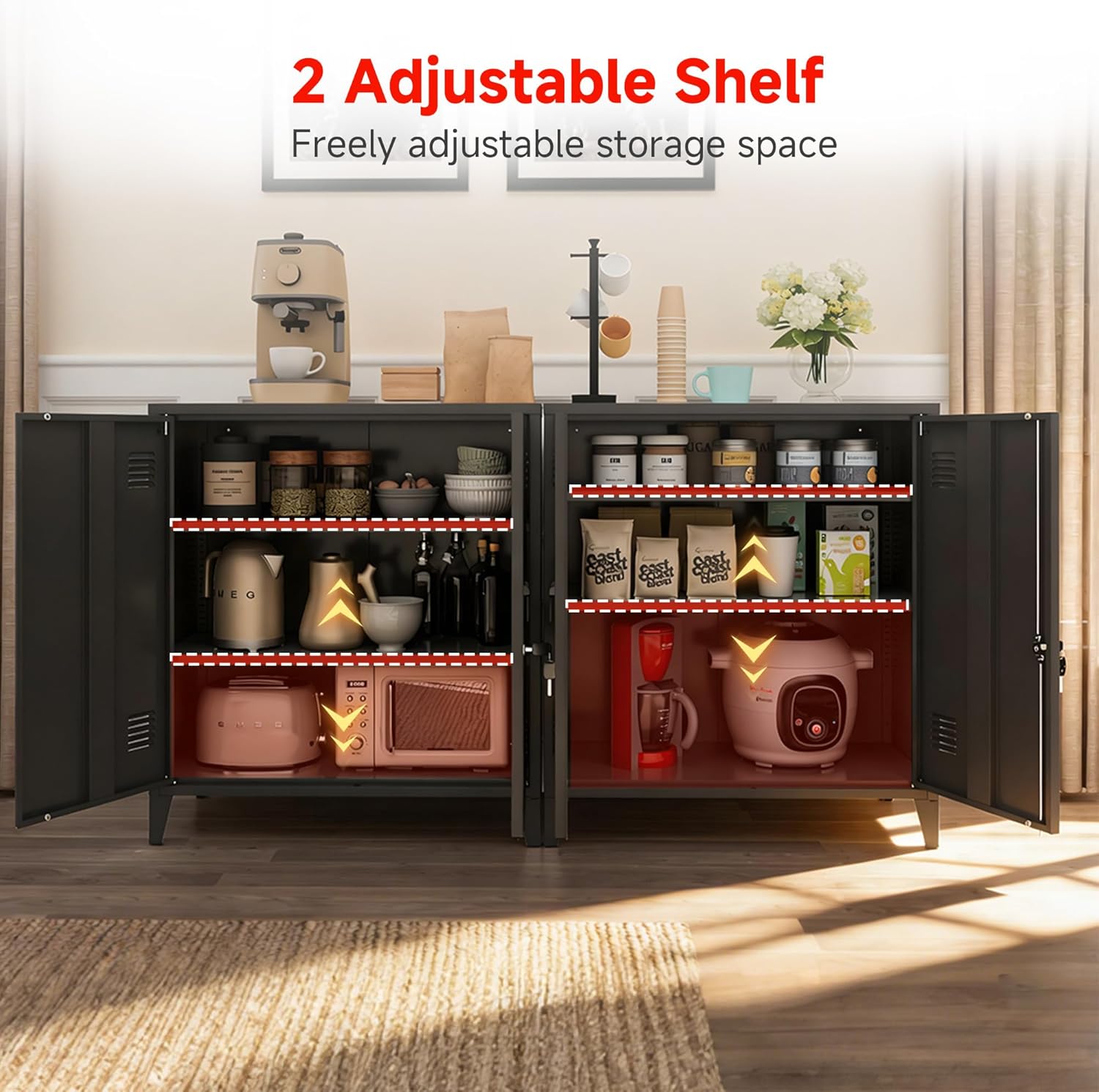 35.4”H Metal Storage Cabinet with Locking Doors and 2 Adjustable Shelves, Garage Storage Cabinet with Lock & Keys for Home School Office (Black)