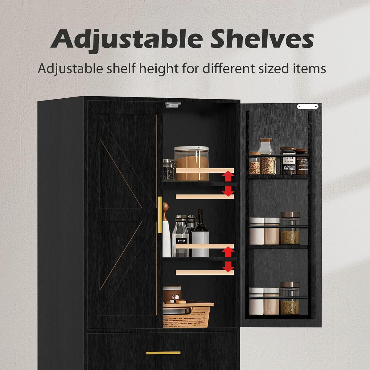 71" Tall Kitchen Pantry Storage Cabinet with 4 Doors & Drawer, Adjustable Shelves, Farmhouse Cupboard, Freestanding Cabinet with Door Shelves for Dining Room/Living Space, Black