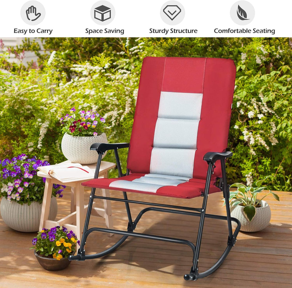 Giantex Camping Rocking Chair Foldable Oversized with Padded Armrest and Seat Folding Lawn Chair 350 lbs Weight Capacity for Outdoor, Patio, Lawn, Backyard, Garden Portable Chair (1, Red)