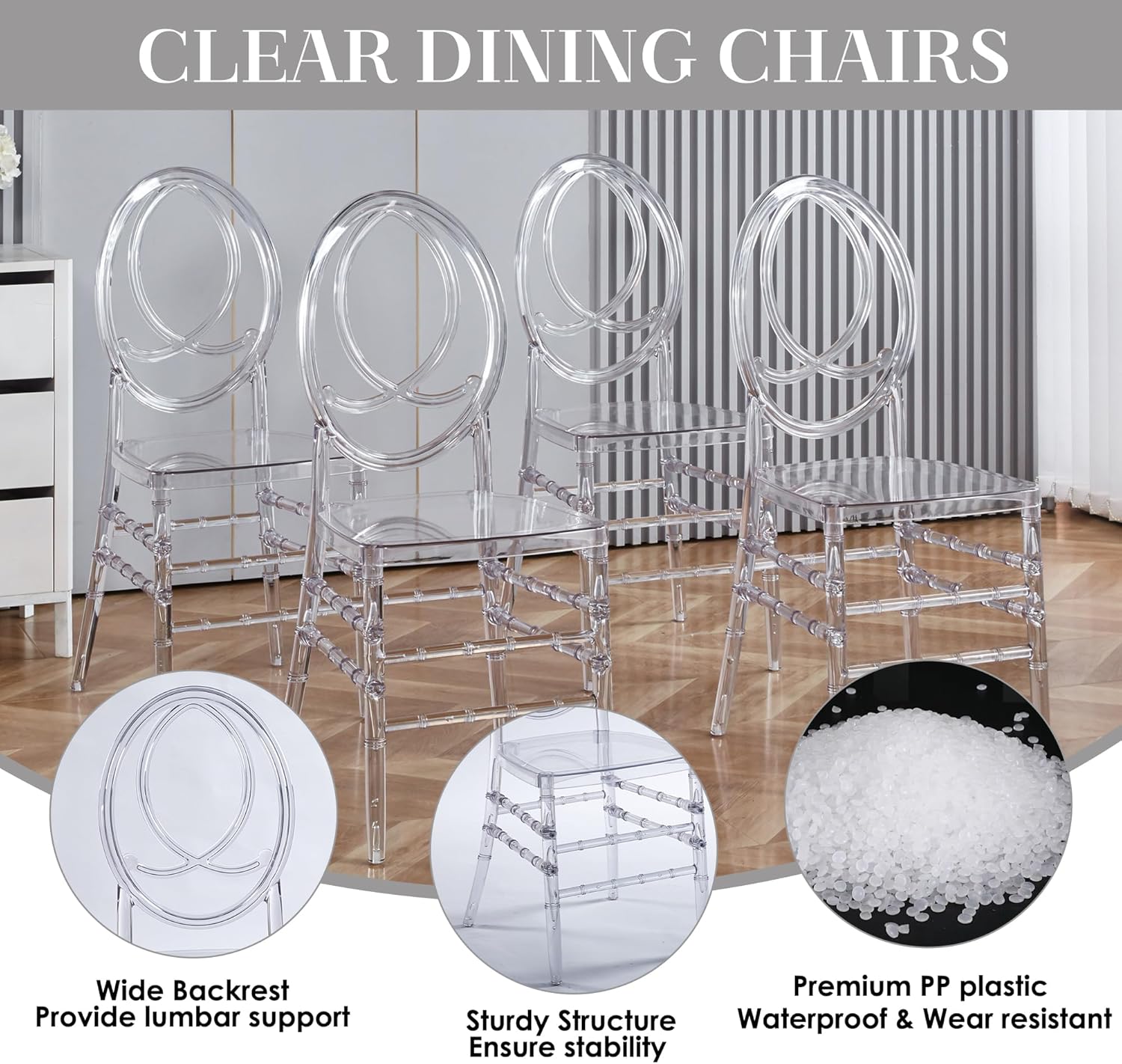 Clear Dining Chairs Set of 20, Stackable Plastic Kitchen Dining Room Chair, Modern Acrylic Ghost Chair, Crystal Chiavari Chairs High Back for Wedding Banquet Party Event Indoor(Oval)