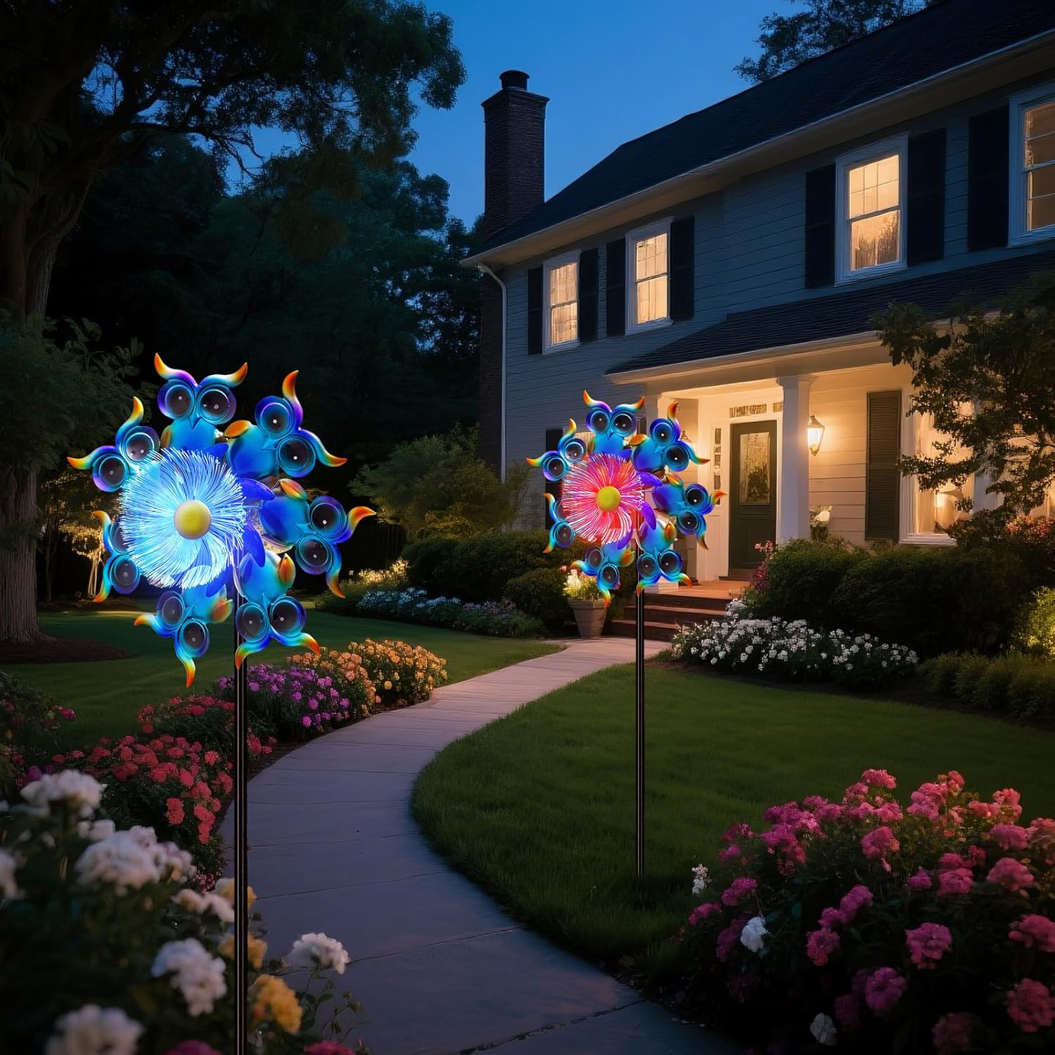Solar Owls Wind Spinners for Yard and Garden,51 Inch Solar Windmill Seven Color LED Light Whirligig Kinetic Spinner to Scare Birds Decor for Lawn, Patio,Owl Gift Metal Wind Outdoor Sculpture
