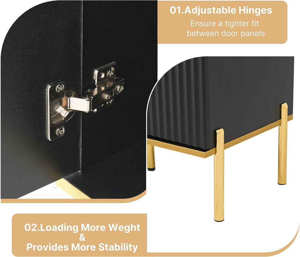 oneinmil 60” Modern Sideboard Buffet Cabinet, Fluted Storage Sideboard with Adjustable Shelves & Pop-Up Doors, Multifunctional Accent Cabinet for Kitchen, Living Room, Hallway, Black and Gold