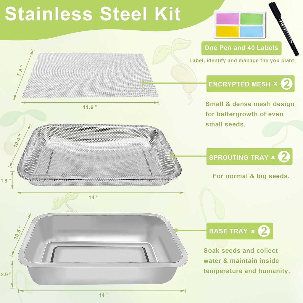 Stainless Steel Sprouts Growing Kit 2-Tier 14 inch Trays, Microgreens Growing Kit, Seed Sprouting Tray with Encrypted Mesh Sprouts for Beans Alfalfa Broccoli Wheat Grass