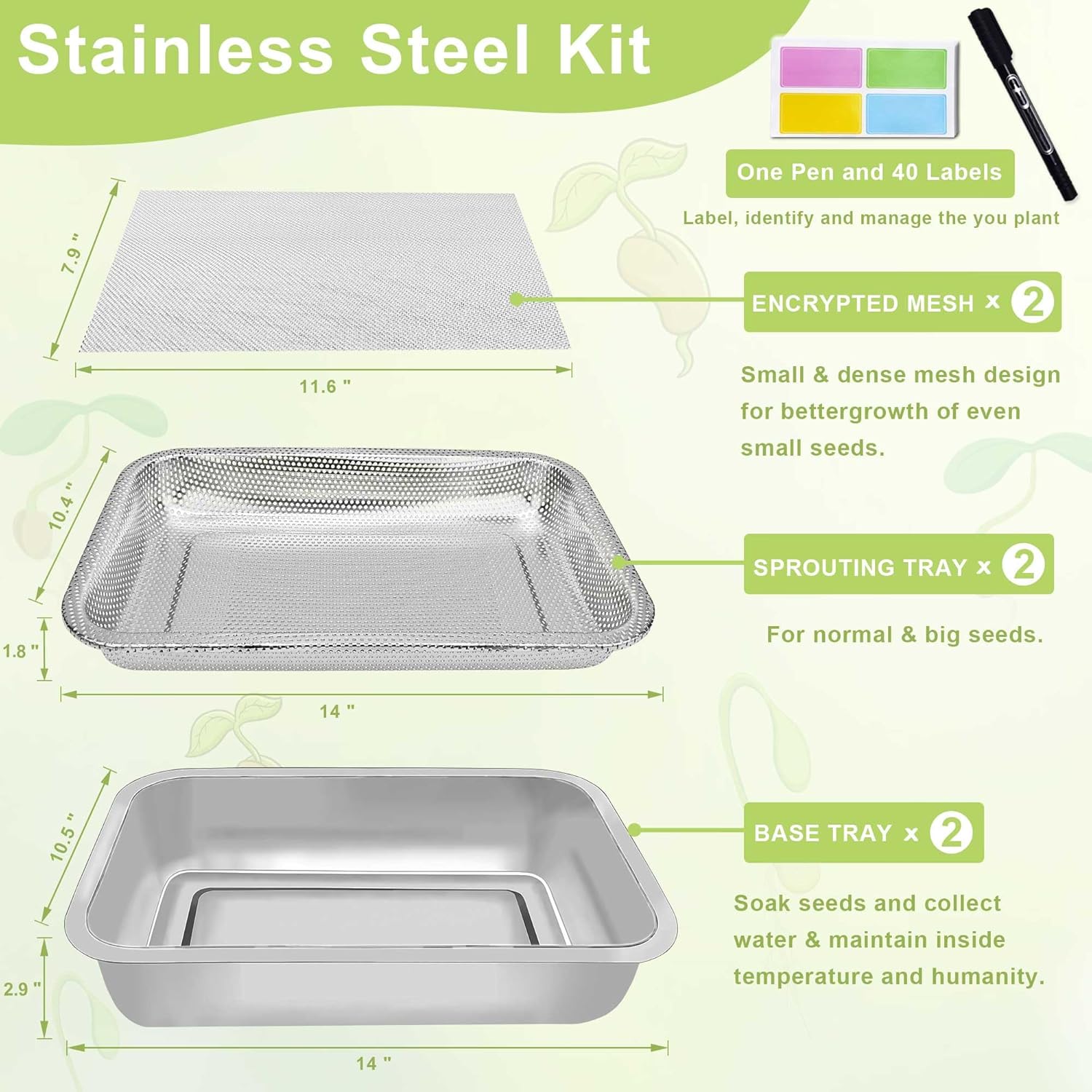 Stainless Steel Sprouts Growing Kit 2-Tier 14 inch Trays, Microgreens Growing Kit, Seed Sprouting Tray with Encrypted Mesh Sprouts for Beans Alfalfa Broccoli Wheat Grass
