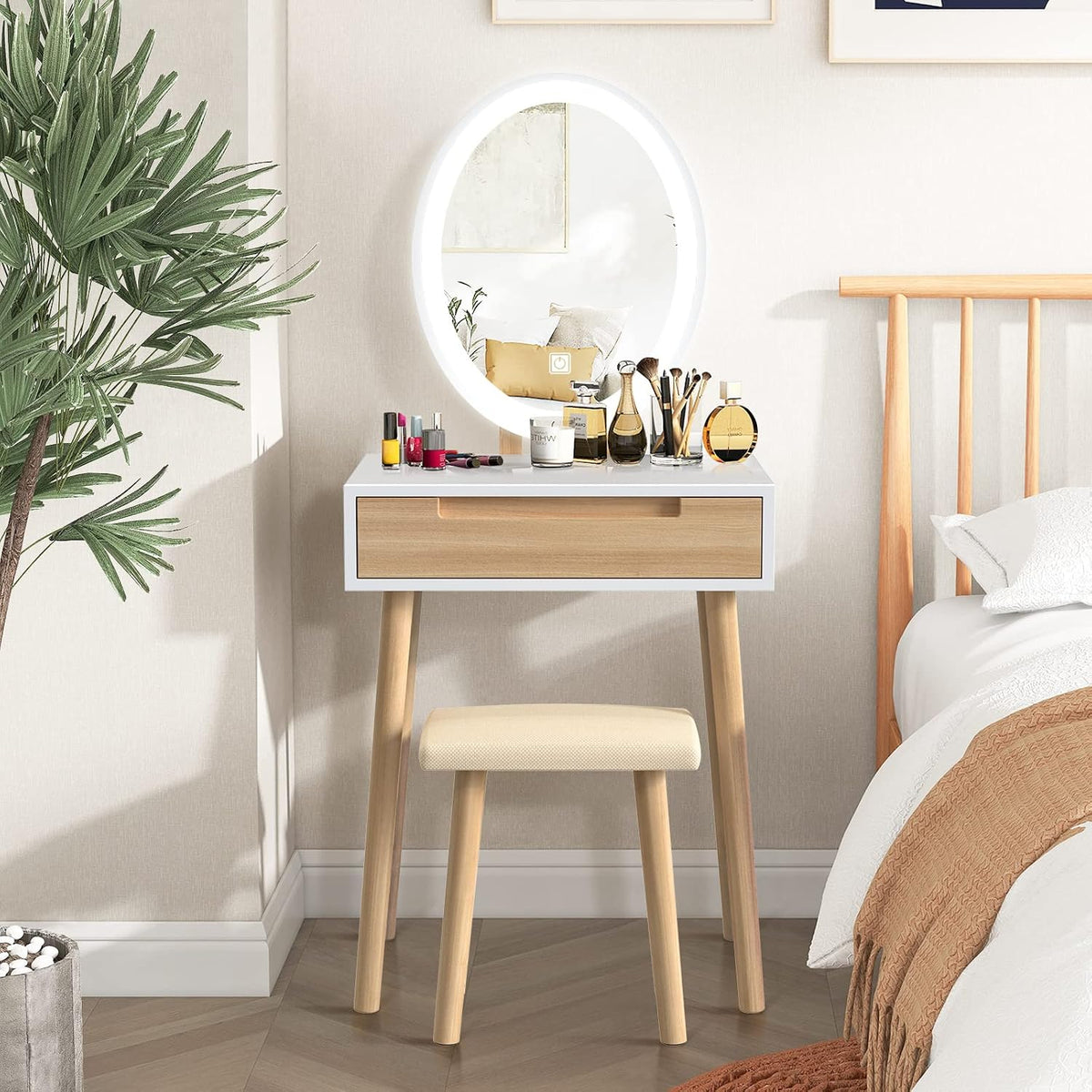 YOURLITE Makeup Vanity Table Set with 3 Modes Adjustable Lighted Mirror Cushioned Stool, Dressing Table for Small Space | 3 Lighting Modes, Adjustable Brightness, Cushioned Stool, Dressing Table, Compact Design, for Small Spaces