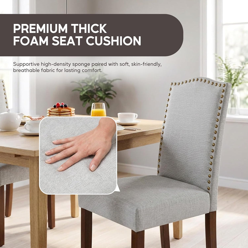 Simple Deluxe Set of 2 Upholstered Parsons Dining Chairs, Fabric Dining Room Chairs with Solid Wood Legs & Nailhead Trim, Multi-Use for Kitchen, Living Room & Bedroom, Gray