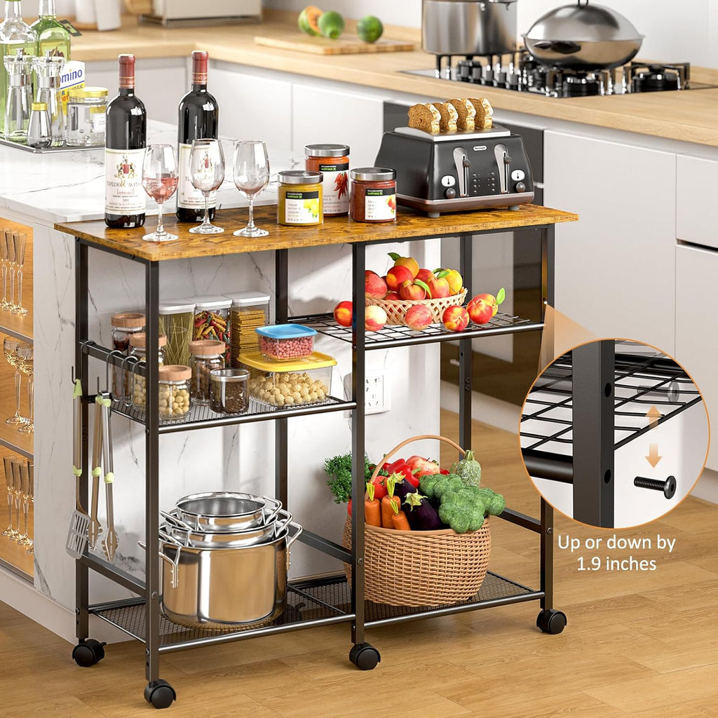 ThreeHio Rolling Kitchen Microwave Cart, 3-Tier Microwave Stand with Adjustable Shelf, Kitchen Storage Cart on Lockable Wheels, Coffee Bar Baker's Rack Organizer Shelf for Living Room, Office, Balcony