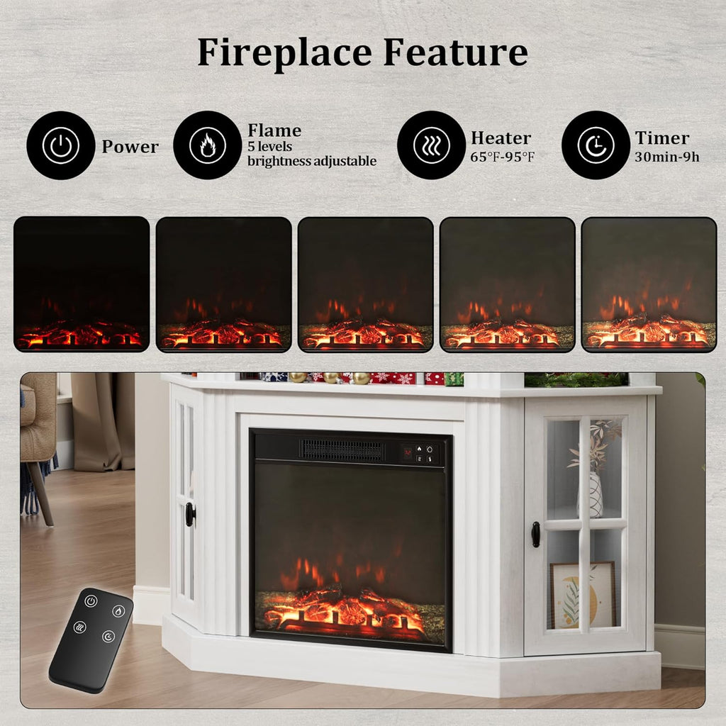 Flamaker Corner Fireplace TV Stand for TVs up to 55 Inch, White | Entertainment Center with 18 Inch Fireplace, Glass-Door Storage Cabinet, Open Shelf, Space-Saving Corner Design