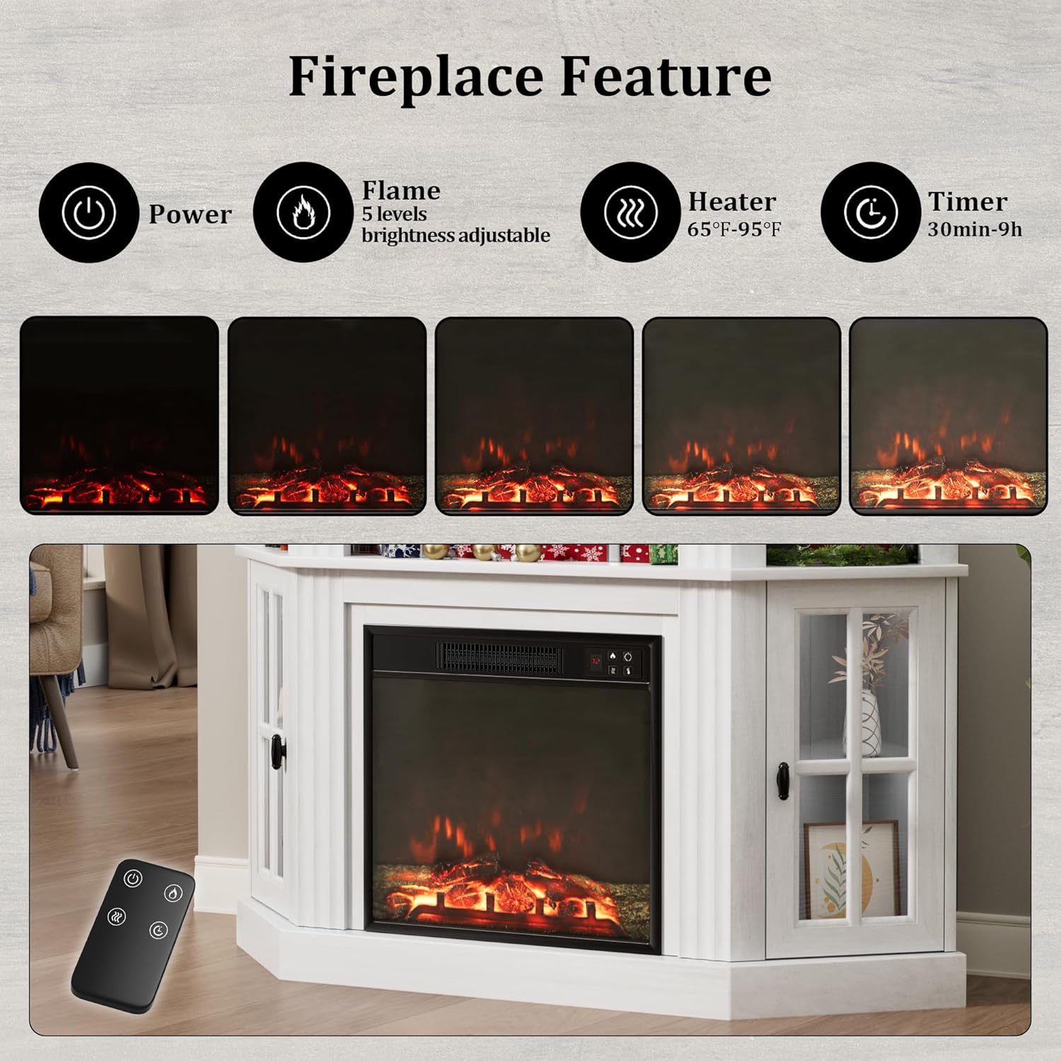 Flamaker Corner Fireplace TV Stand for TVs up to 55 Inch, White | Entertainment Center with 18 Inch Fireplace, Glass-Door Storage Cabinet, Open Shelf, Space-Saving Corner Design