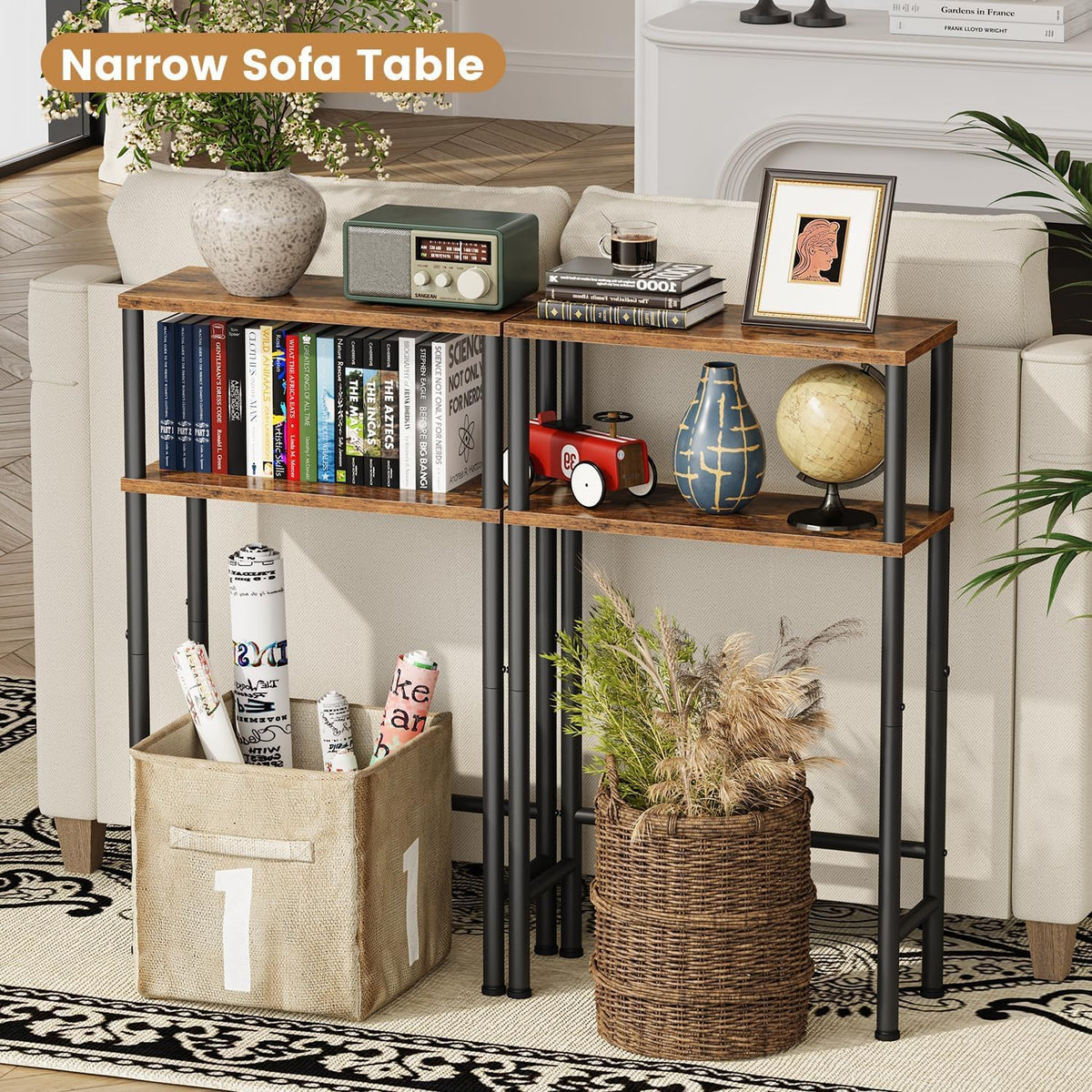 Asgolion Narrow Console Table, 15.7" Small Entryway Table, 2-Tier | Sofa Table with Storage, Skinny Console Tables for Entryway, Hallway, Bedroom, Living Room, Foyer, Rustic Brown