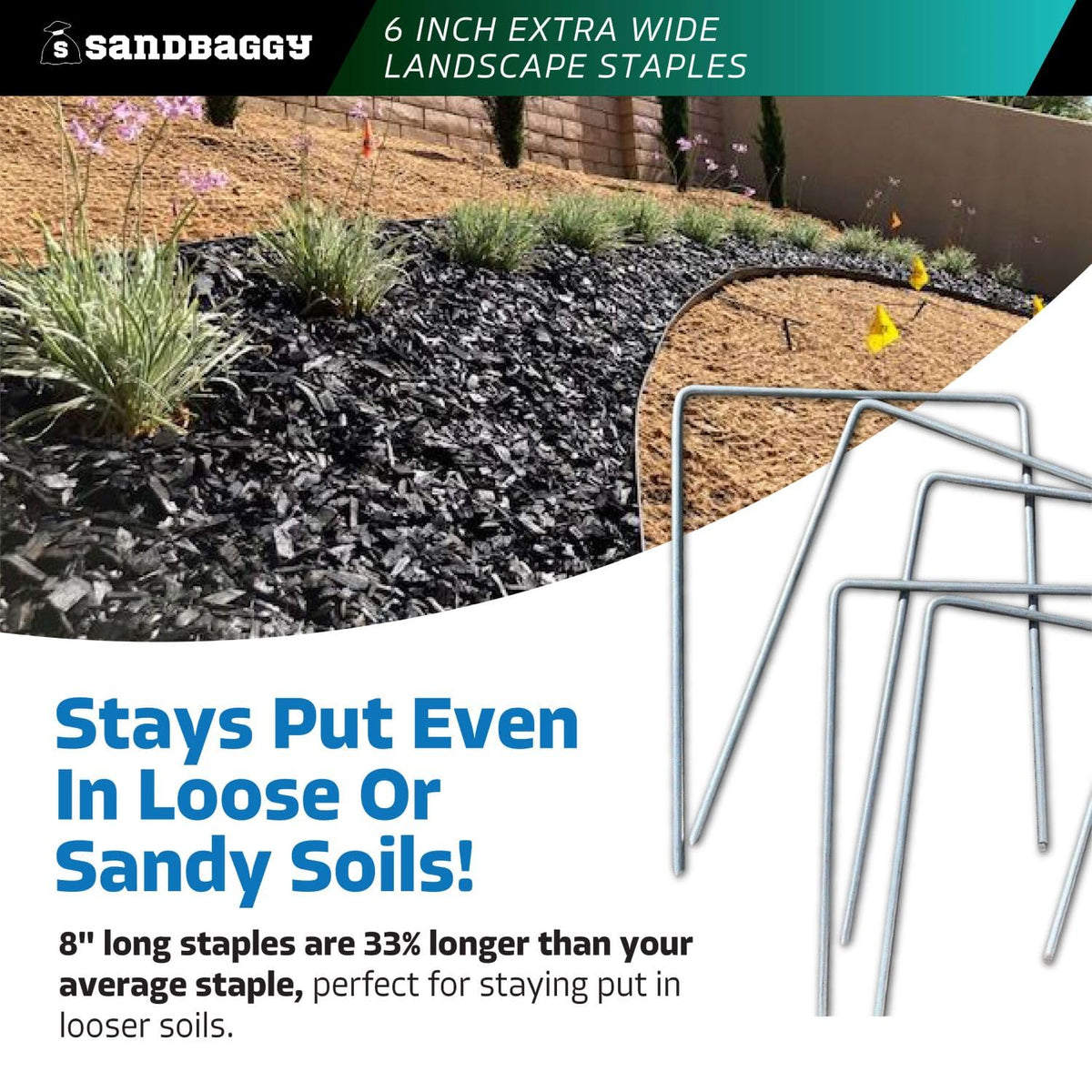 Sandbaggy 6" Wide Landscape Staples - Extra Heavy Duty: 7 Gauge Galvanized Steel - Hold Down Pipes, Landscape Fabric, Ground Cover, Erosion Control Netting, Sod, & Turf (100, 6" W x 8" L)