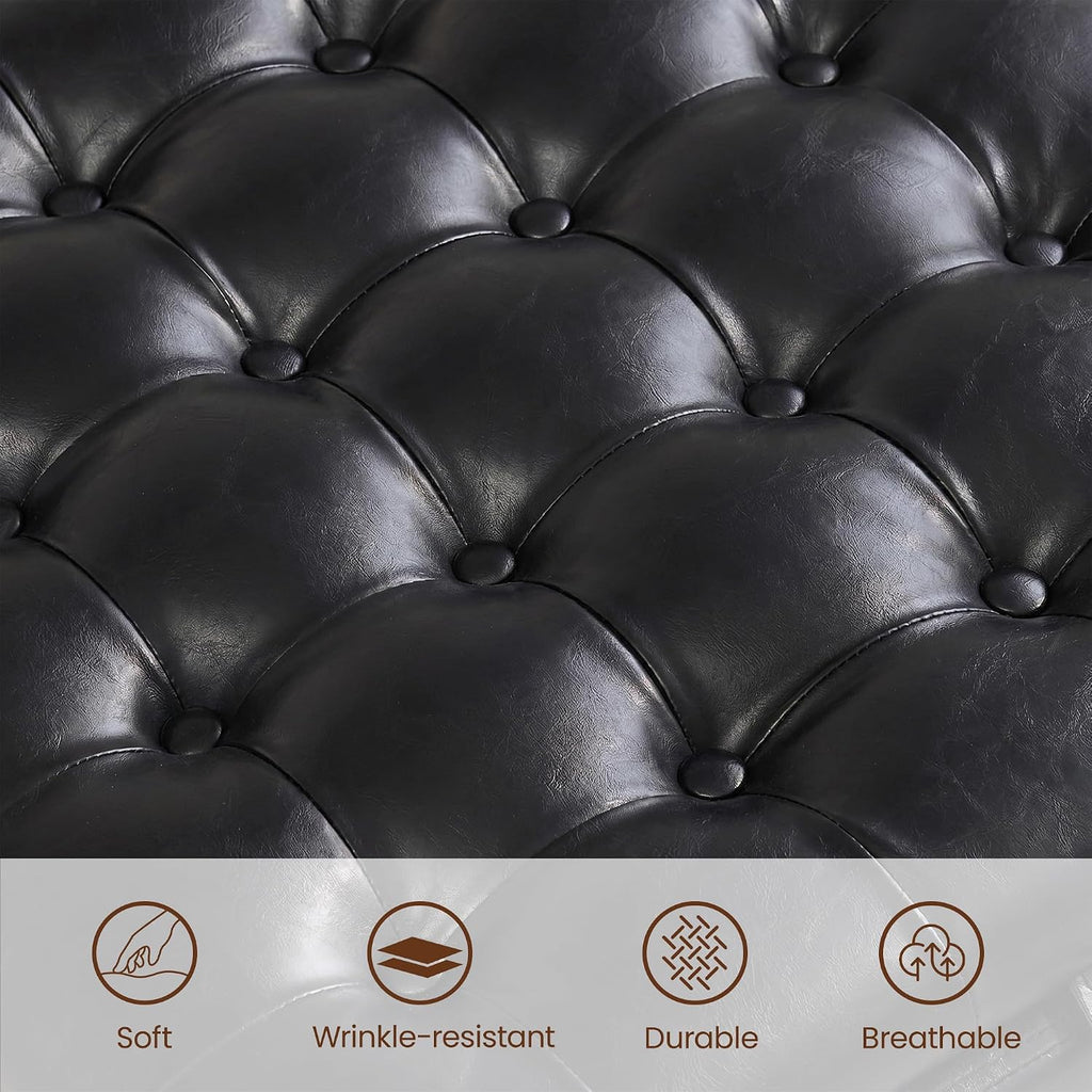 24 Inch Square Storage Ottoman Coffee Table, Modern Tufted Upholstered Ottoman with Flip Tray and Solid Wood Legs, Suitable for Living Rooms, Faux Leather Black