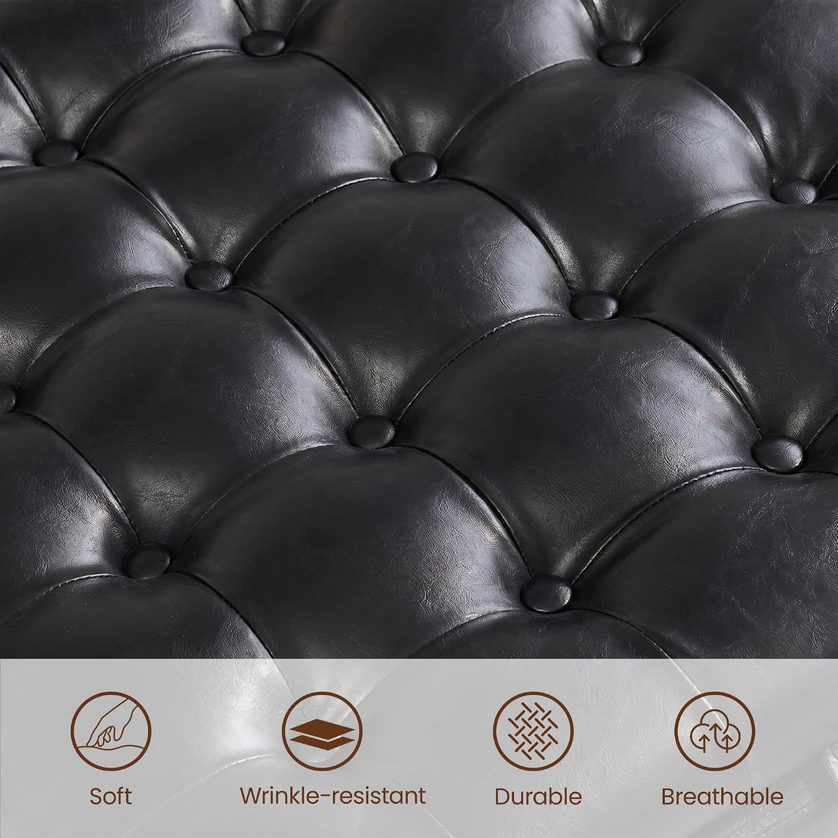 24 Inch Square Storage Ottoman Coffee Table, Modern Tufted Upholstered Ottoman with Flip Tray and Solid Wood Legs, Suitable for Living Rooms, Faux Leather Black