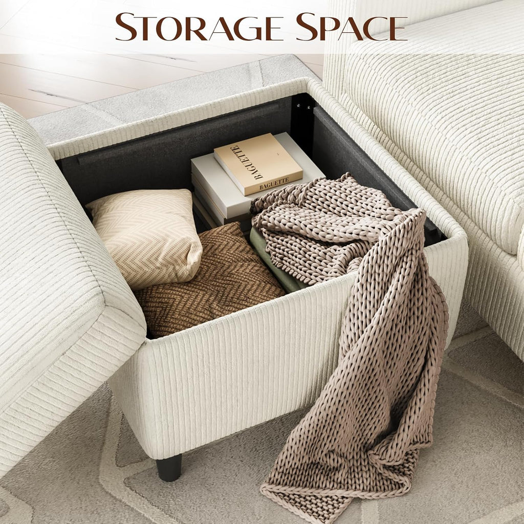 Convertible Sectional Couches for Living Room, 3 Seats L Shaped Sofa with Storage Ottoman & 2 Cup Holders, Modern Corduroy Couch Small Sofas for Small Space, Apartment, Office, Beige