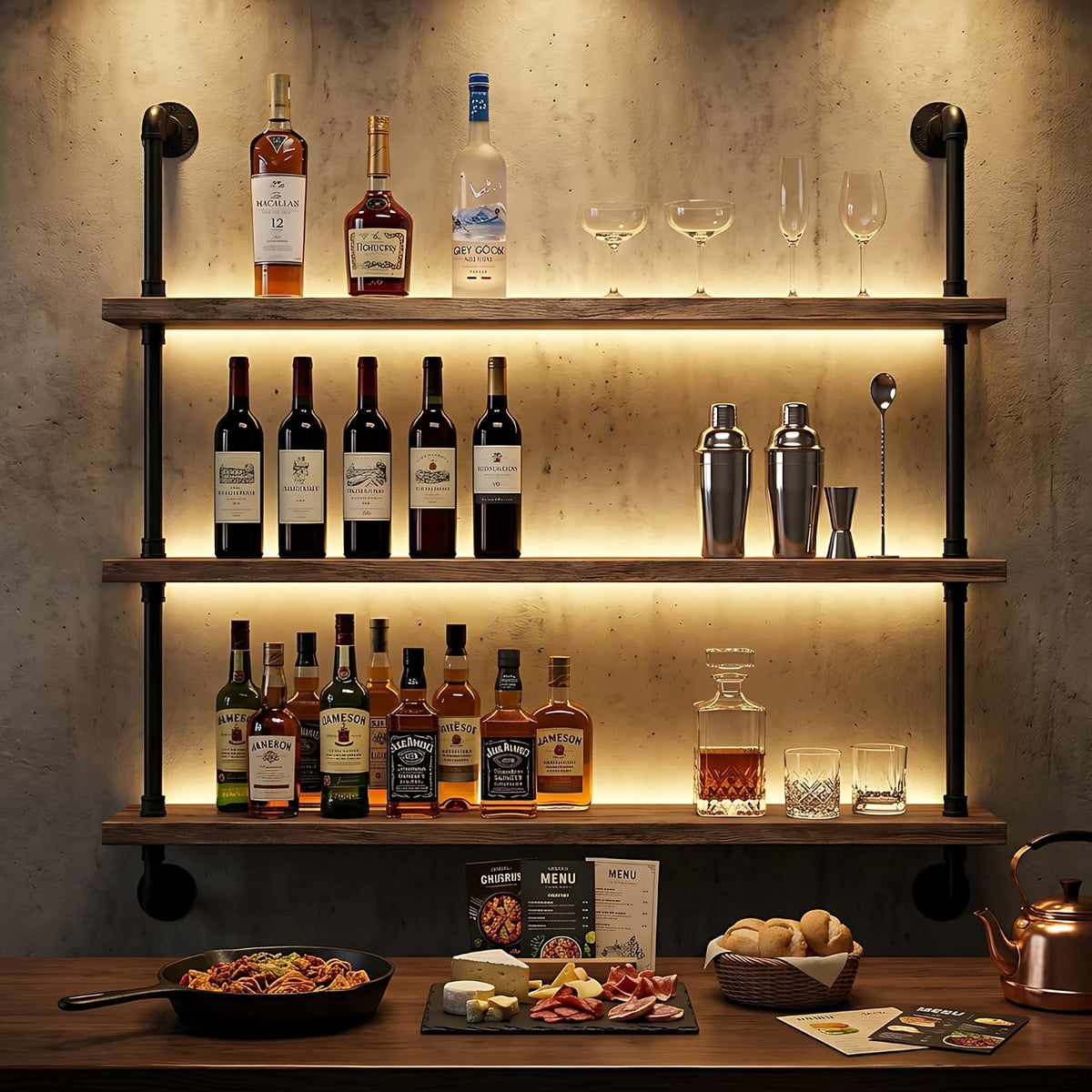 39.4" Metal Wine Rack Wall Mounted with LED Strips and Glass Holder | 3-Tier Industrial Metal Bar Shelf Wall Mounted Wine Rack for Kitchen, Bar, Dining Room (Black, 100cm/39.4in)