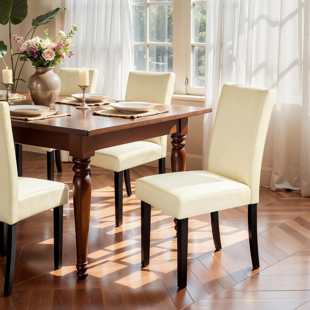 SyMax Dining Chairs Set of 6, Faux Leather Upholstered Dining Room Chairs, Modern Parsons Kitchen Chairs with Wood Legs, Cream(Only Chairs)
