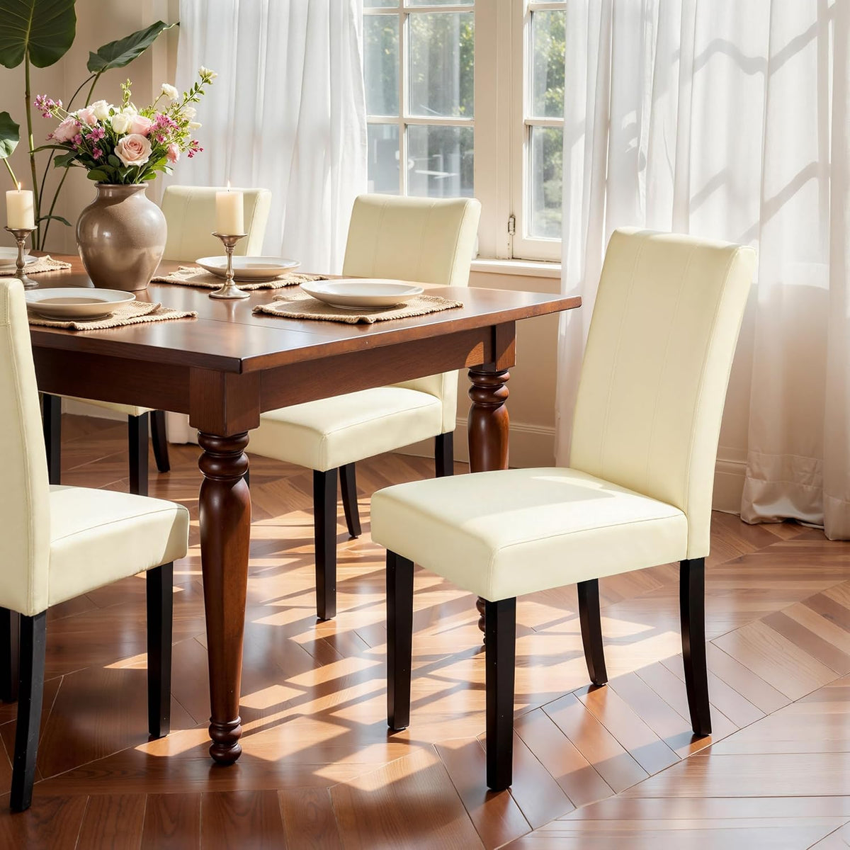 SyMax Dining Chairs Set of 6, Faux Leather Upholstered Dining Room Chairs, Modern Parsons Kitchen Chairs with Wood Legs, Cream(Only Chairs)