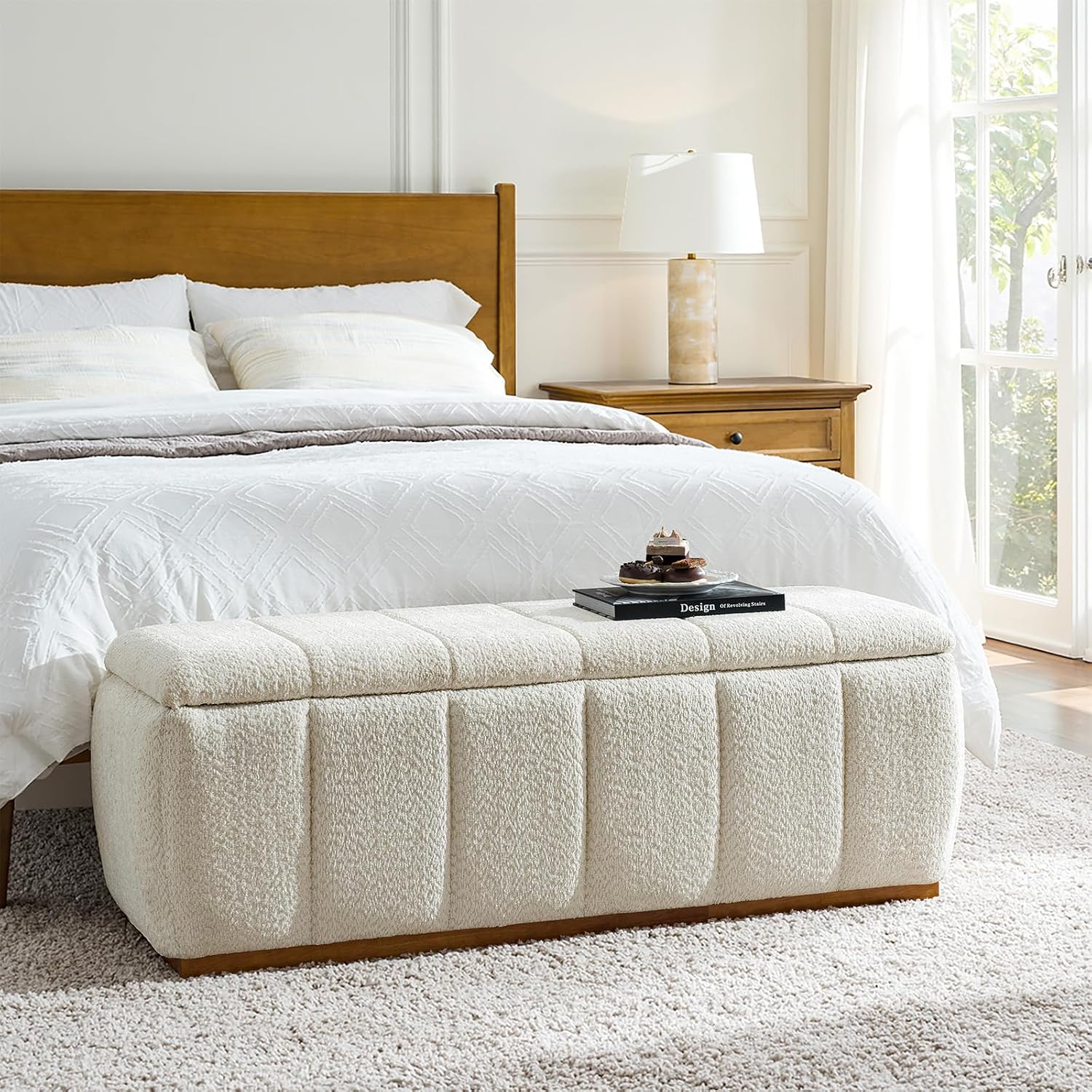 HULALA HOME Storage Bench with Solid Wood Base, Chenille End of Bed Bench for Bedroom, Living Room, Entryway, No Assembly, Beige